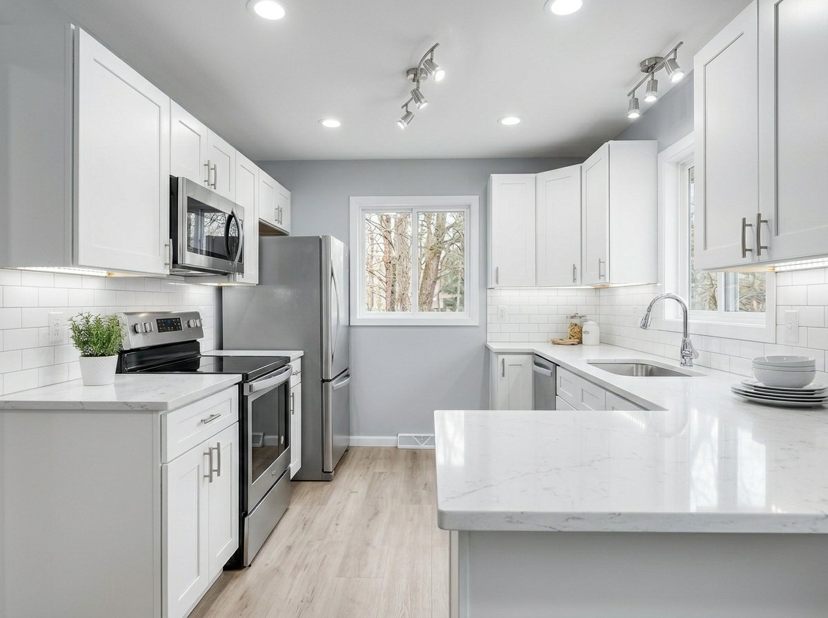 Transformed residential kitchen - sparkling clean with fresh modern paint