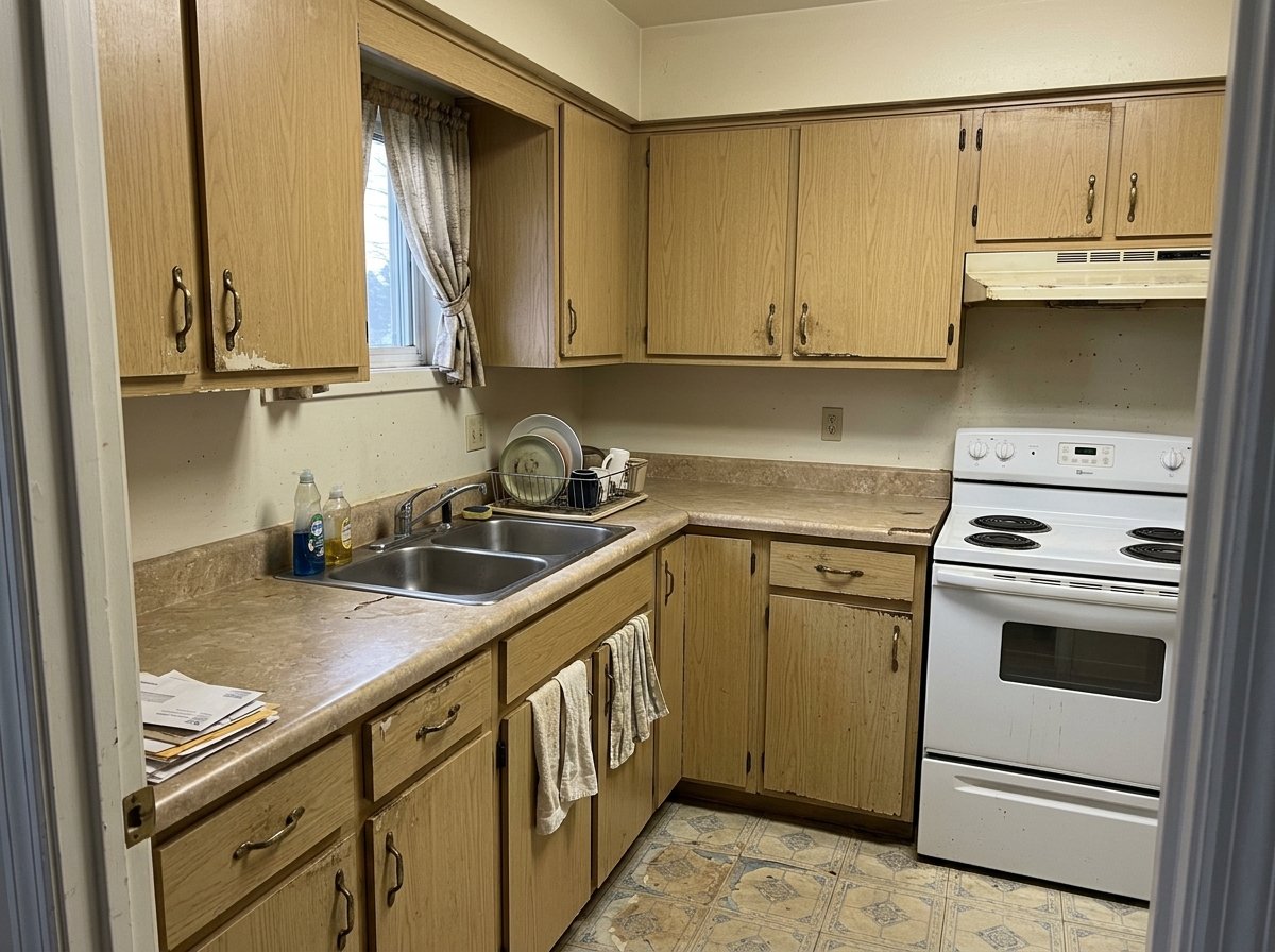Kitchen before painting - dull, outdated colors