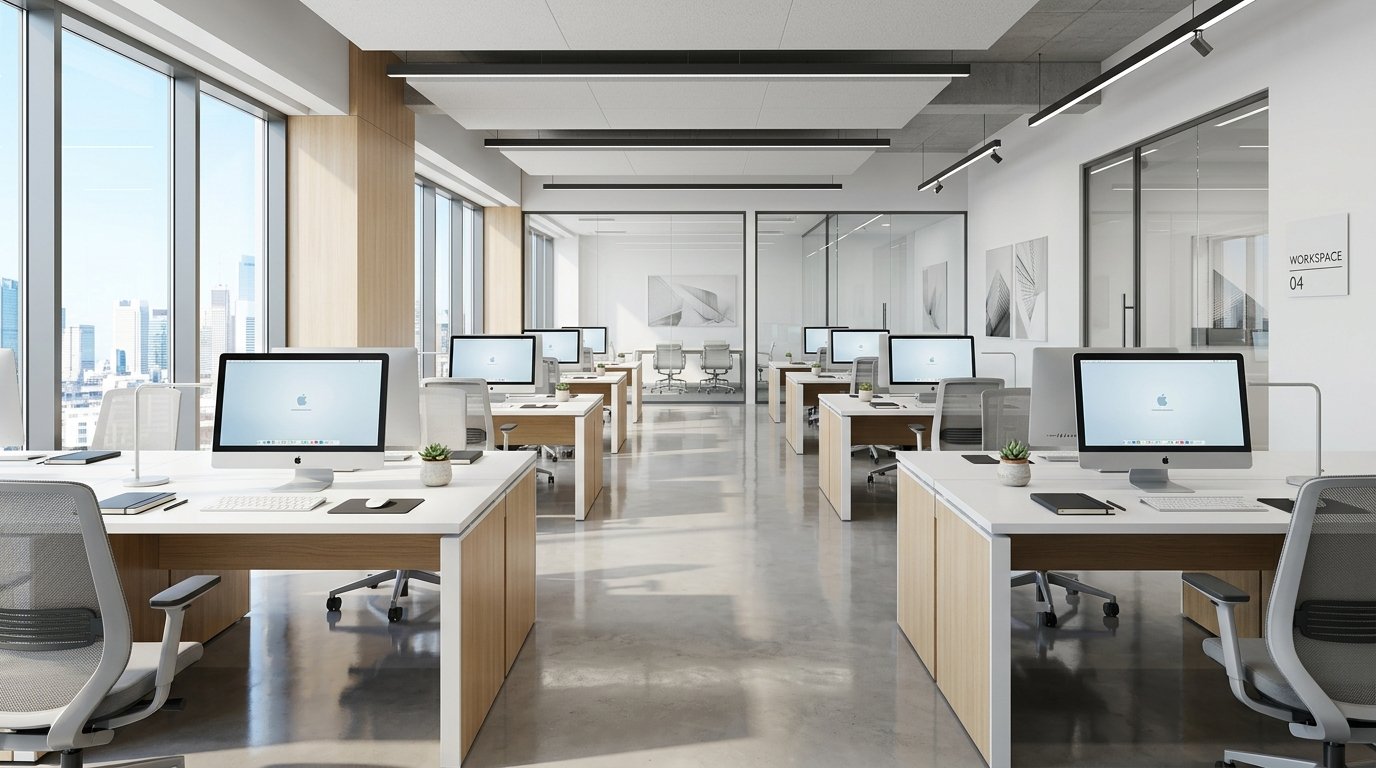 An impeccably clean and organized modern commercial office space
