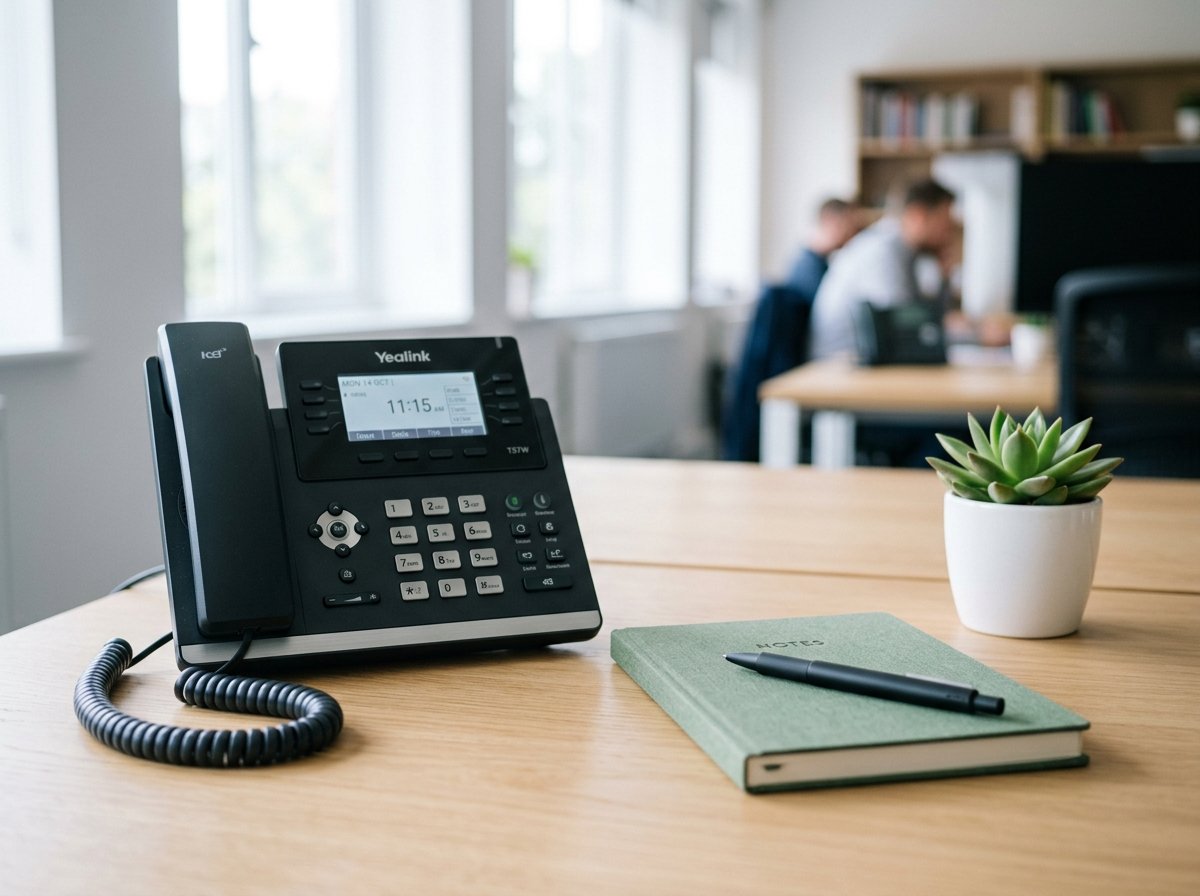 A clean desk with a phone and notebook, symbolizing professional contact