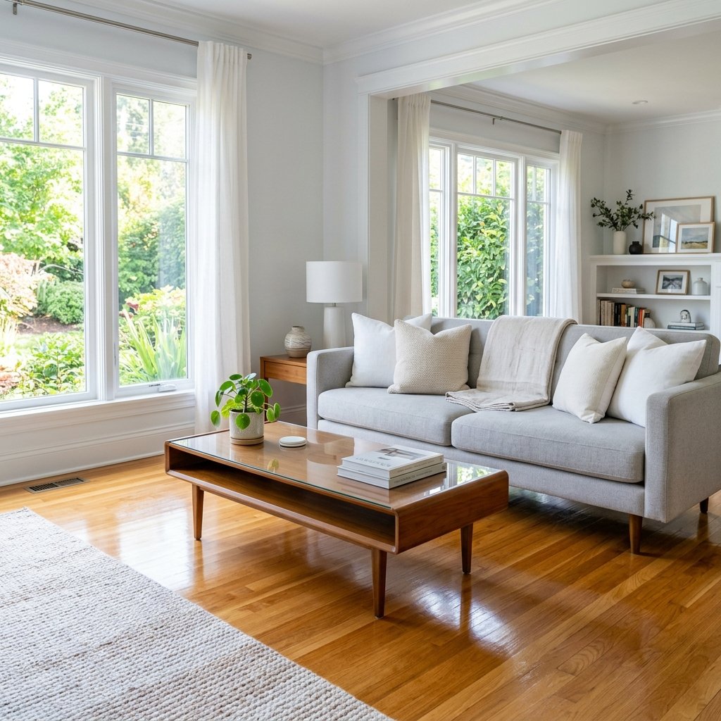 A bright, immaculate living room with gleaming floors and crystal clear windows