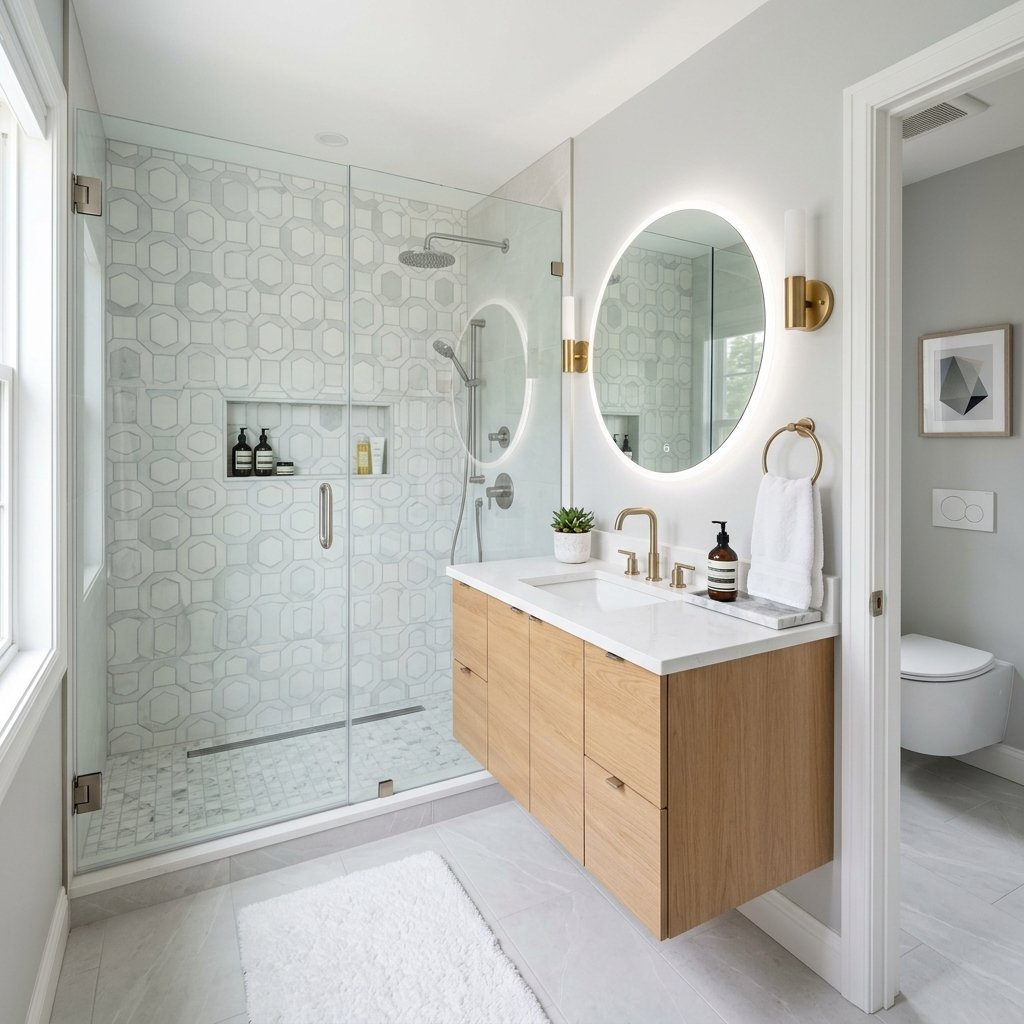 A beautifully renovated modern bathroom with glass shower and floating vanity