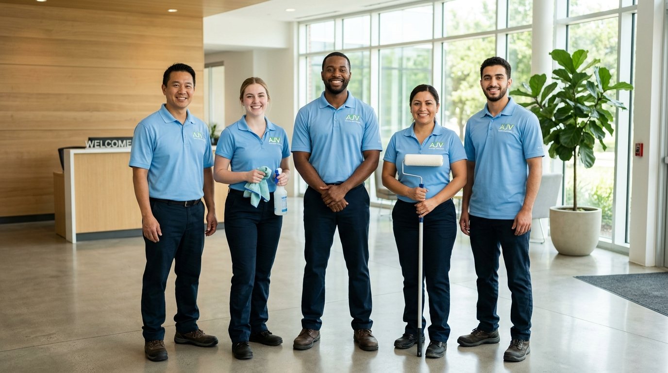 A friendly and professional team of AJV technicians, dressed in clean uniforms