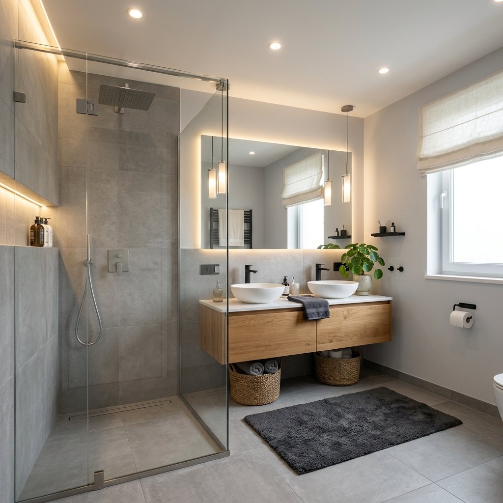 An elegantly remodeled modern bathroom with glass shower and floating vanity