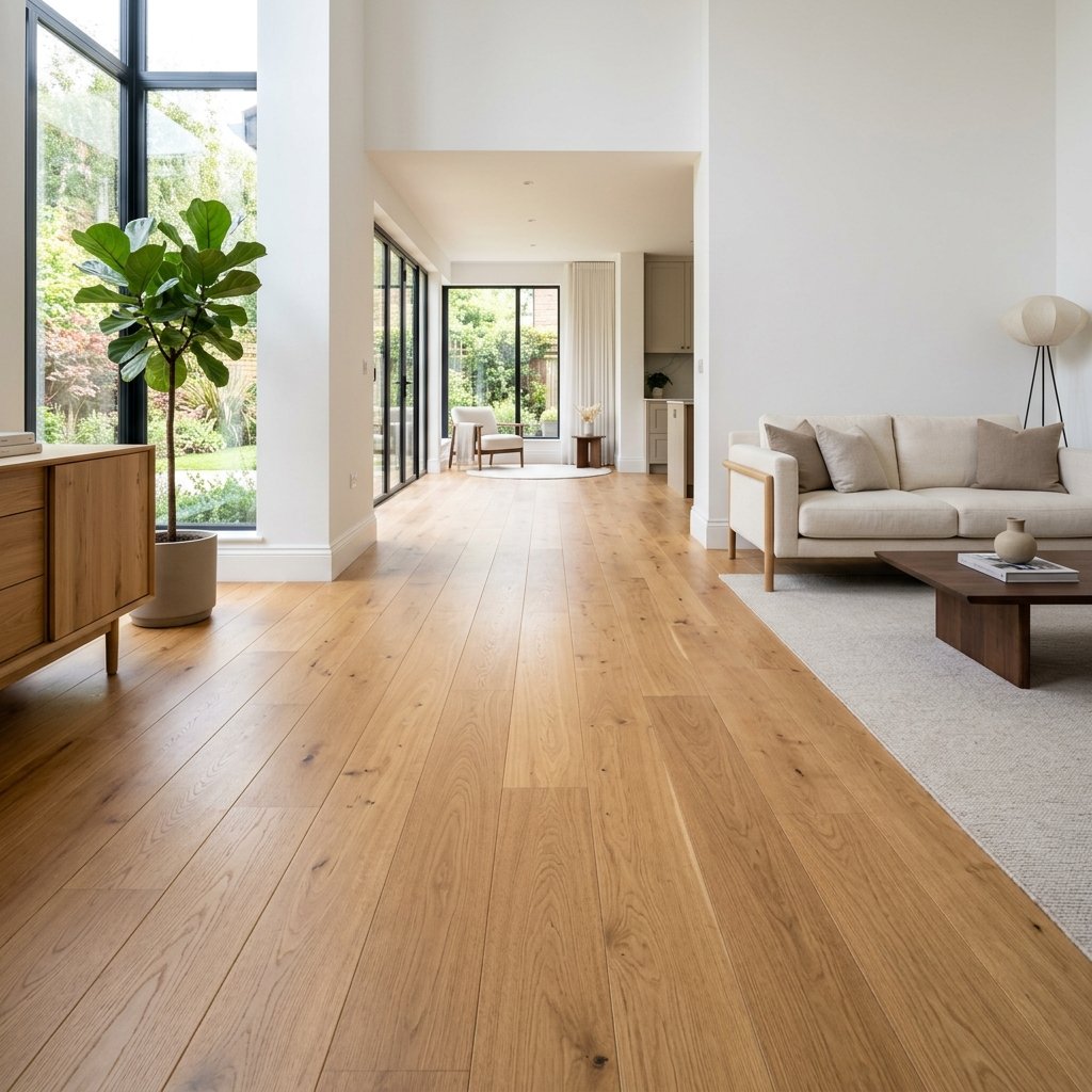 Beautifully installed warm-toned hardwood flooring in a spacious modern living room