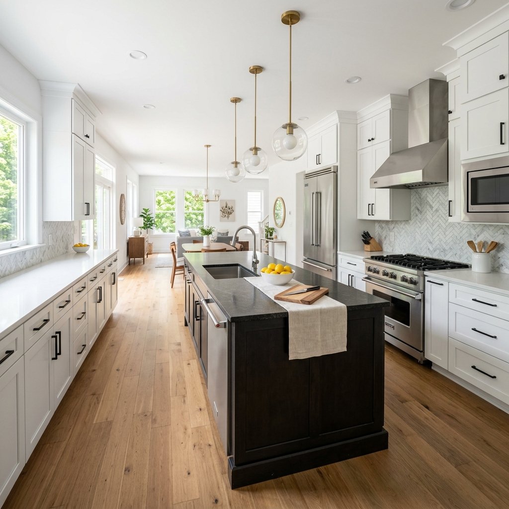 A stunning modern kitchen with white shaker cabinets, marble backsplash, and pendant lights
