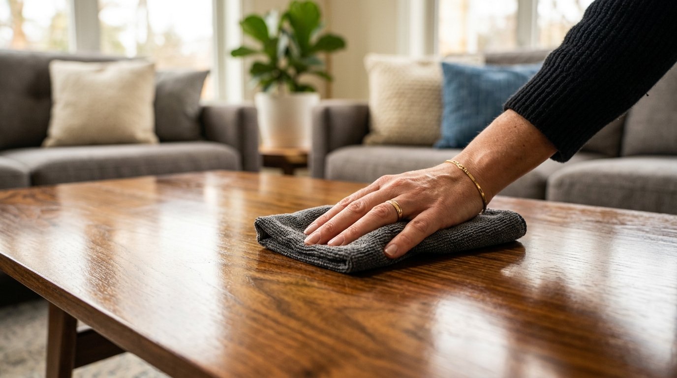 A hand meticulously polishing a gleaming wooden coffee table in a residential living room