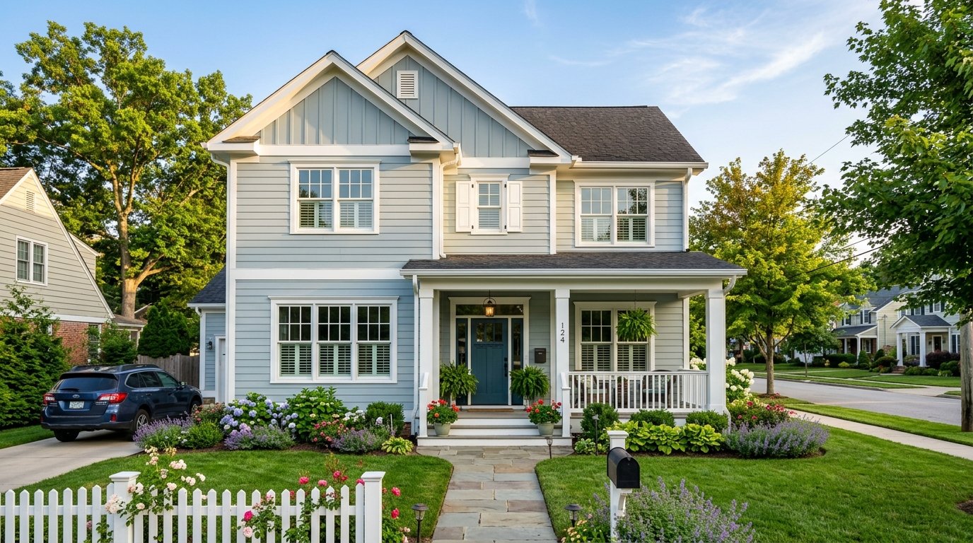 A residential home with a beautifully freshly painted exterior