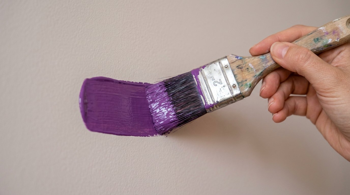 A painter's brush smoothly applying vibrant purple paint to an interior wall