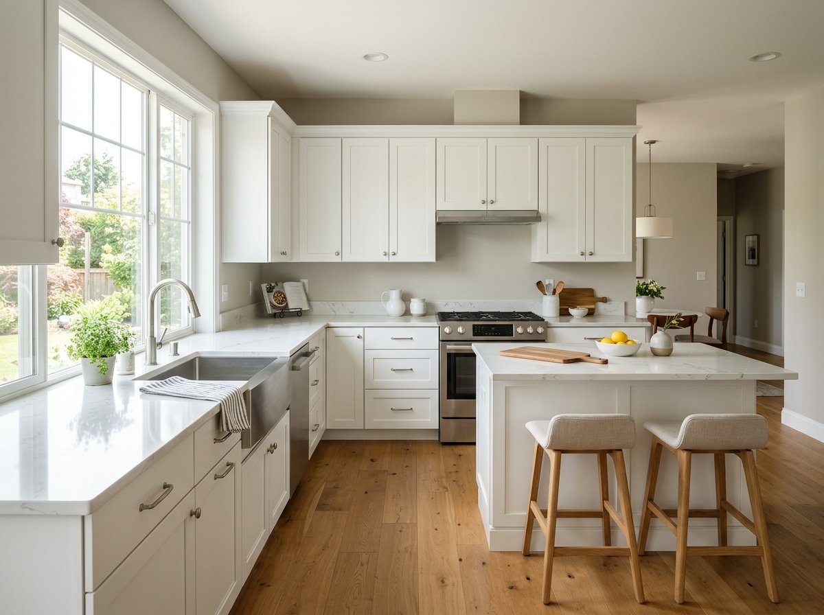 A stunning, freshly painted modern kitchen with clean lines and abundant natural light