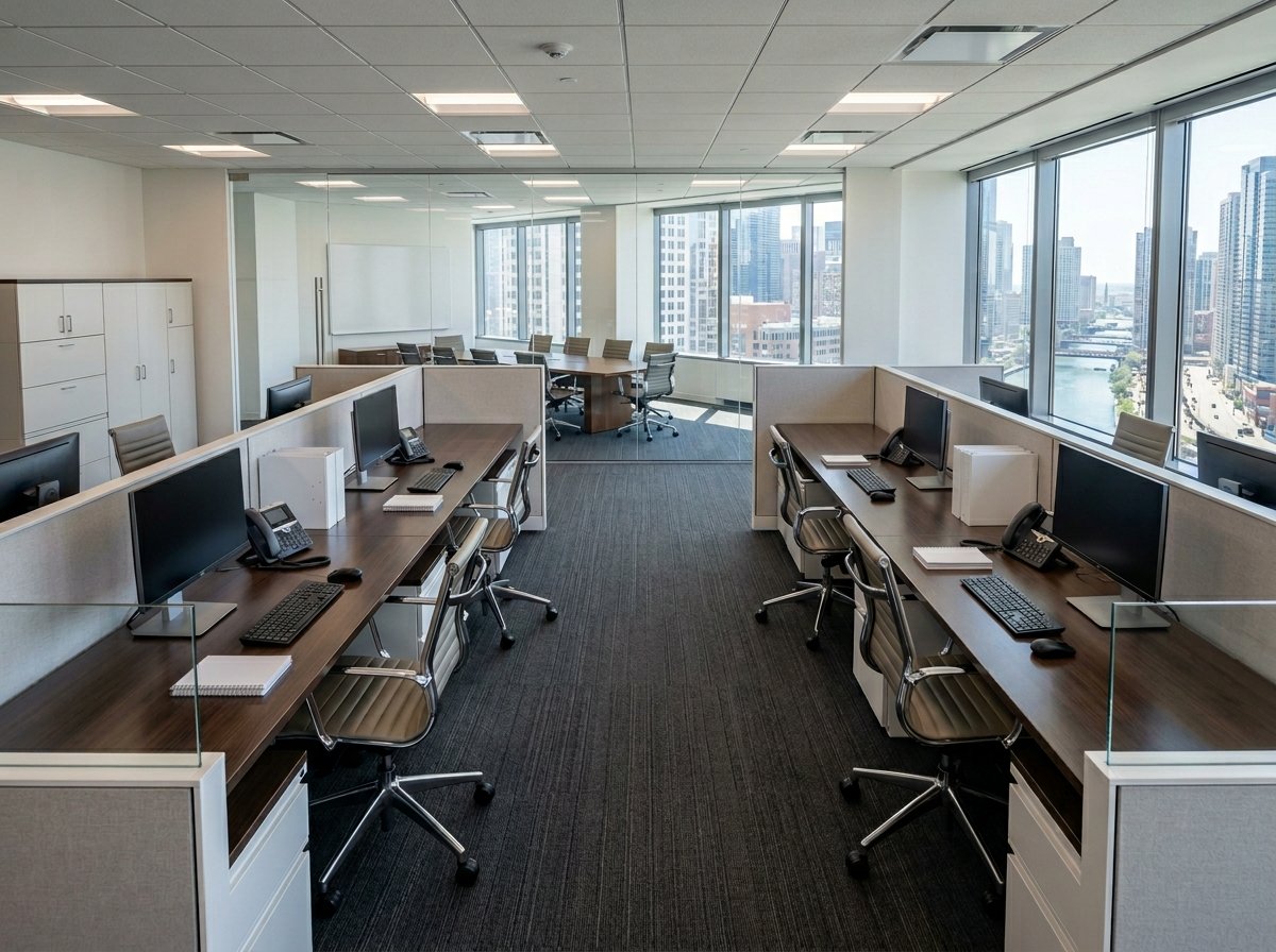 A pristine and organized corporate office suite after a comprehensive commercial deep cleaning